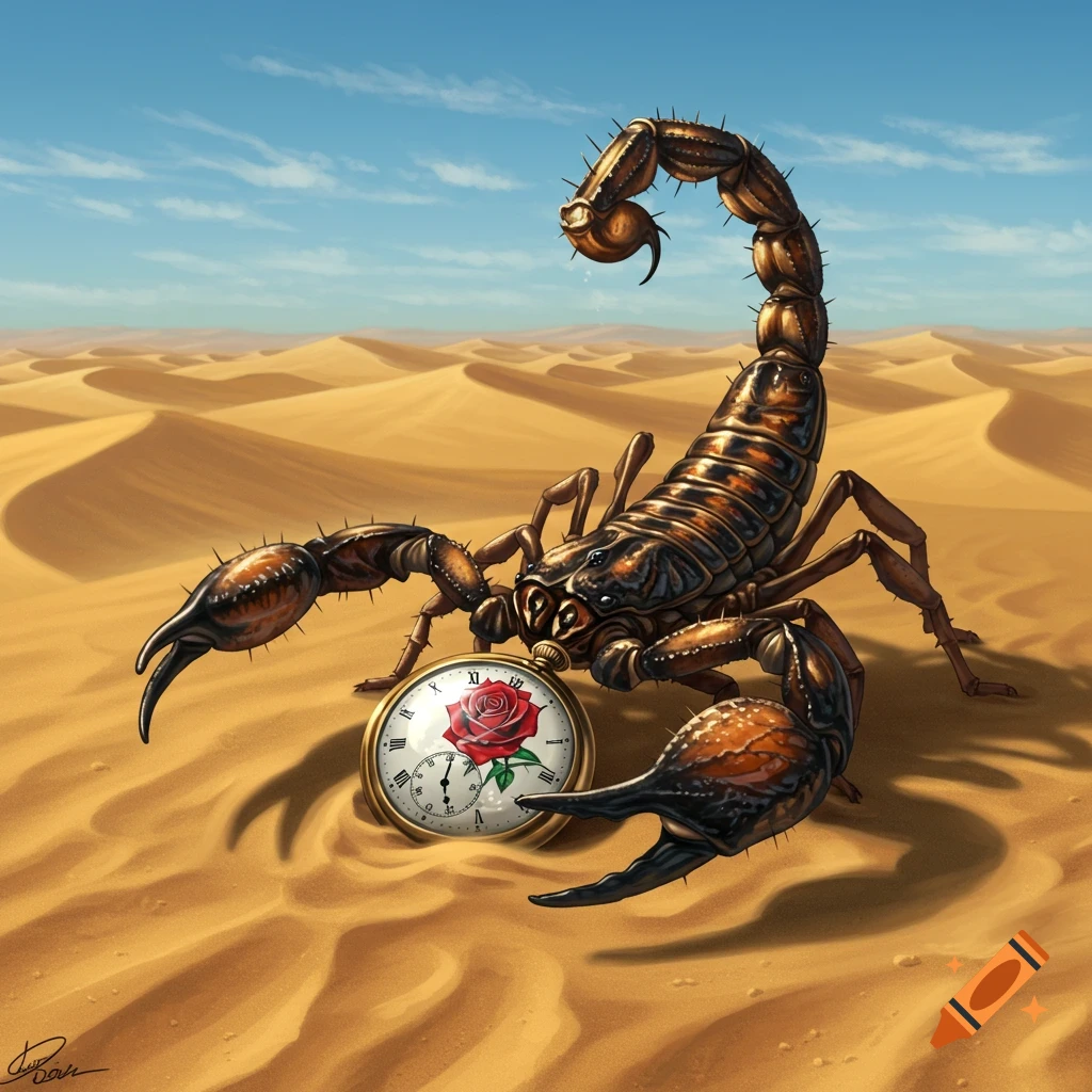 A detailed illustration of a scorpion holding a gold pocket watch with a red rose on its face in a vast desert landscape.