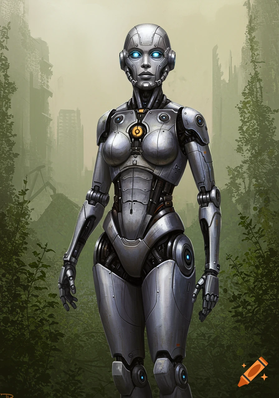 A detailed female humanoid robot with glowing blue eyes stands in a desolate, overgrown ruined city. Digital art.