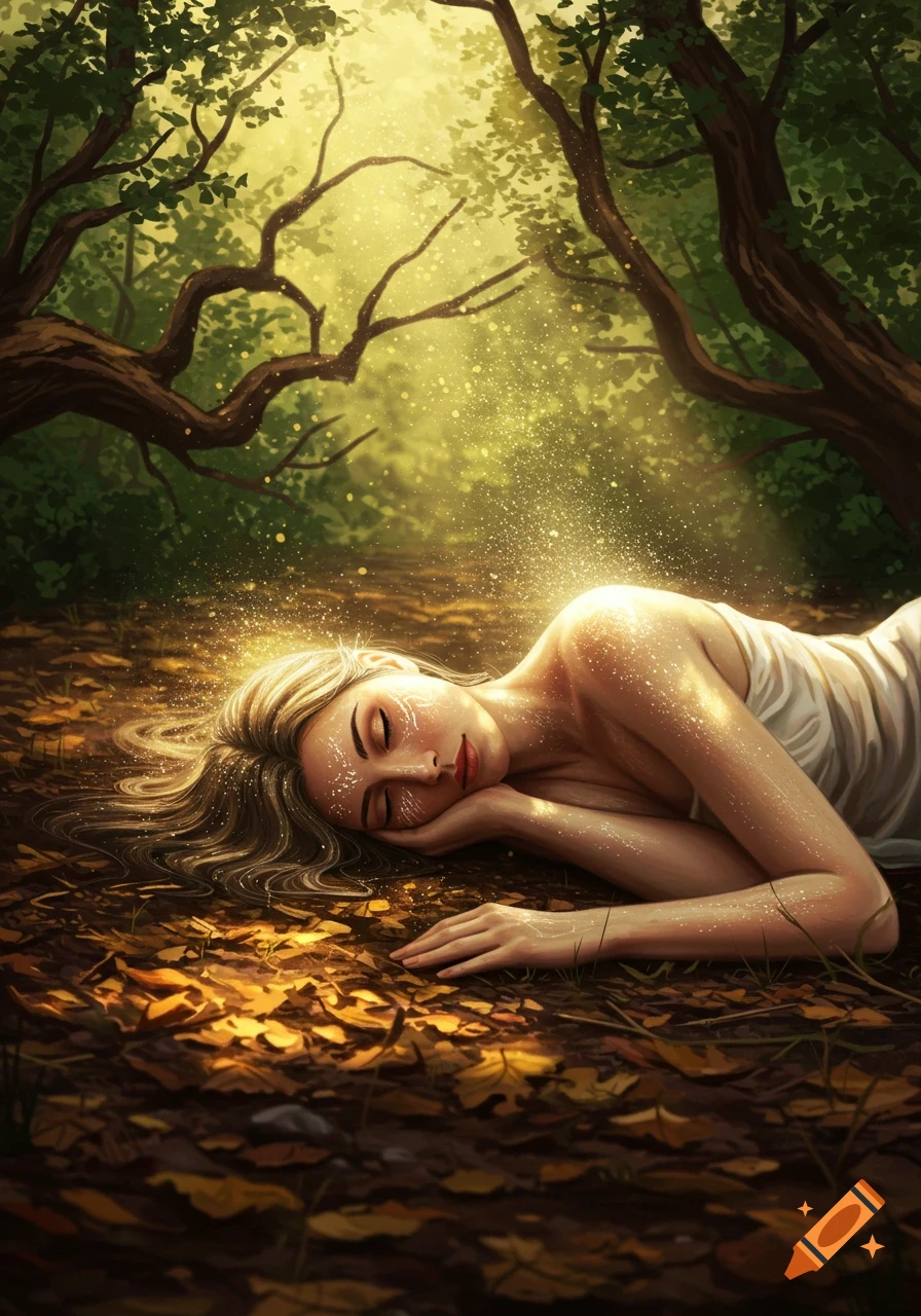 Fantasy art of a woman sleeping peacefully on a forest floor with shimmering light and white patterns on her face.