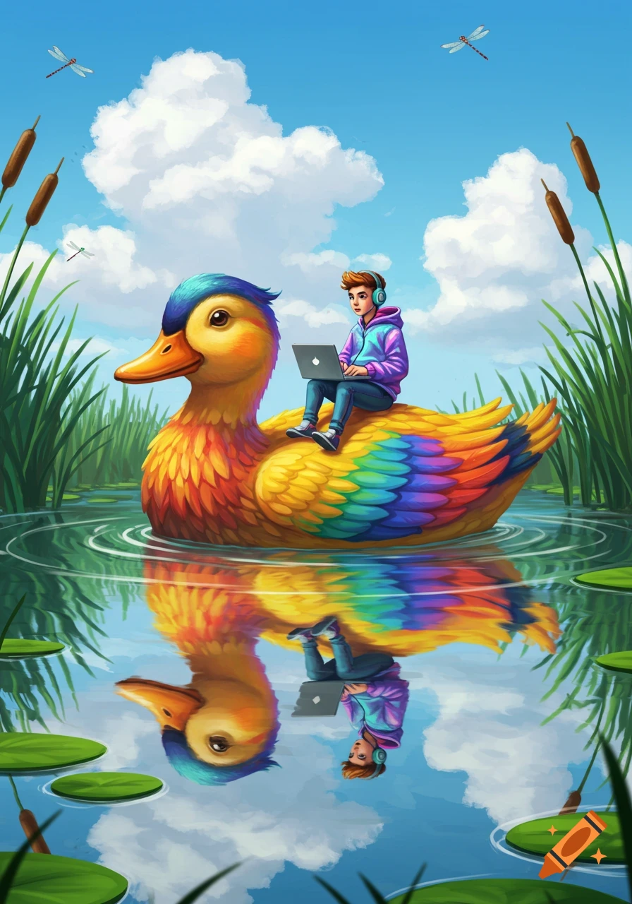 Colorful illustration of a boy with headphones riding a giant rainbow duck on a pond, typing on a laptop under a blue sky.