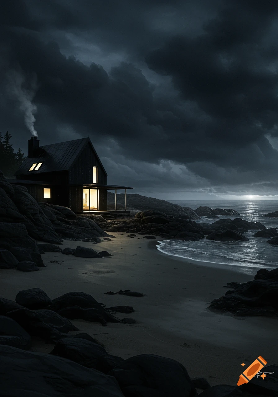 A dark, modern cottage with glowing windows stands on a rocky beach under a stormy, moonlit sky.