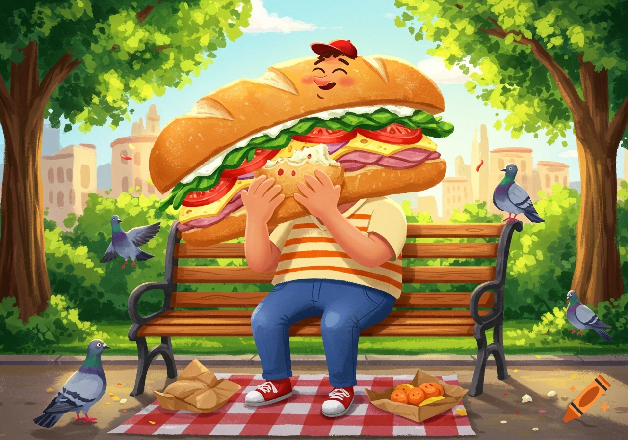 Cartoon character with a red cap happily eats a giant sandwich on a park bench, surrounded by pigeons on a checkered blanket.