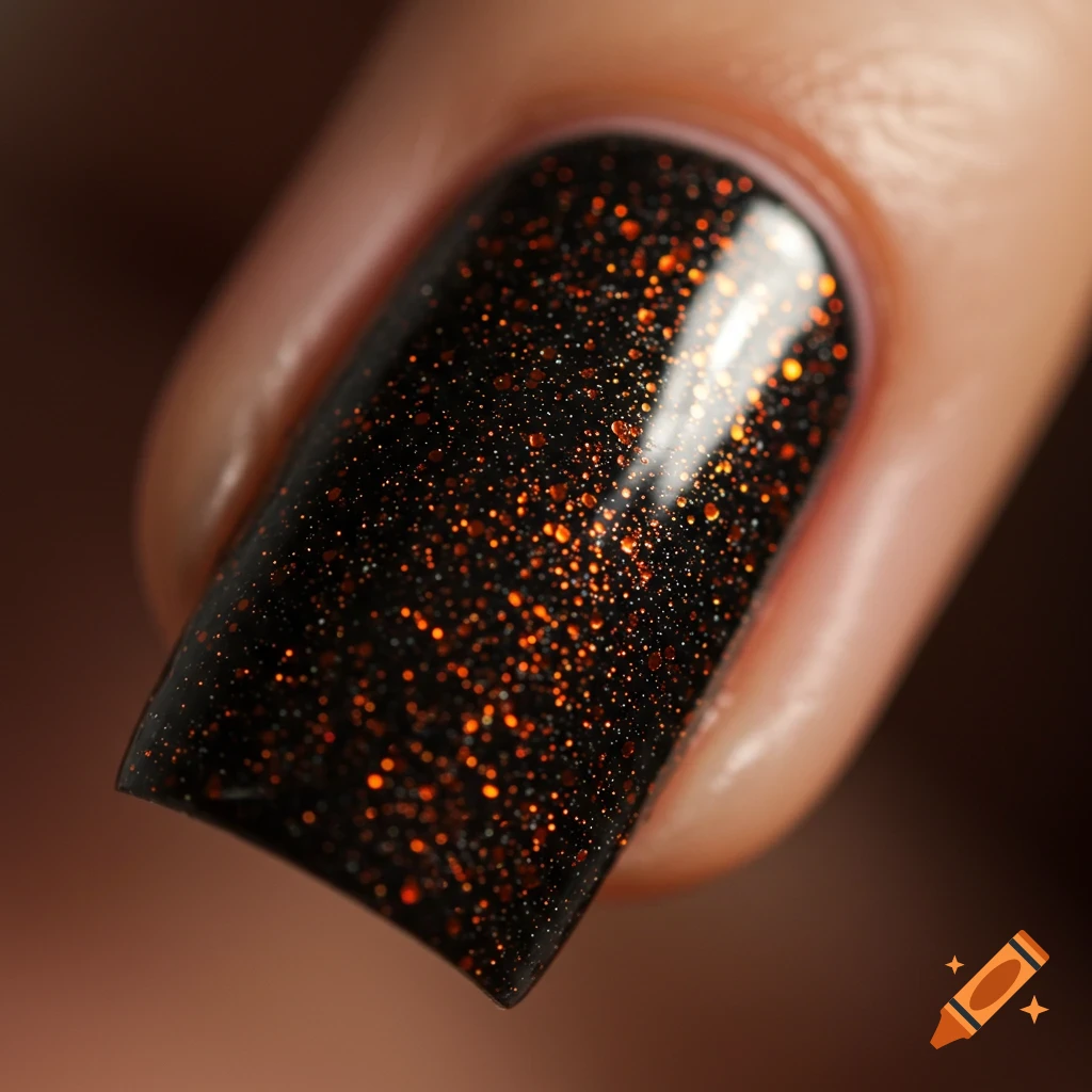 Close-up of a fingernail with black polish covered in sparkling orange glitter.