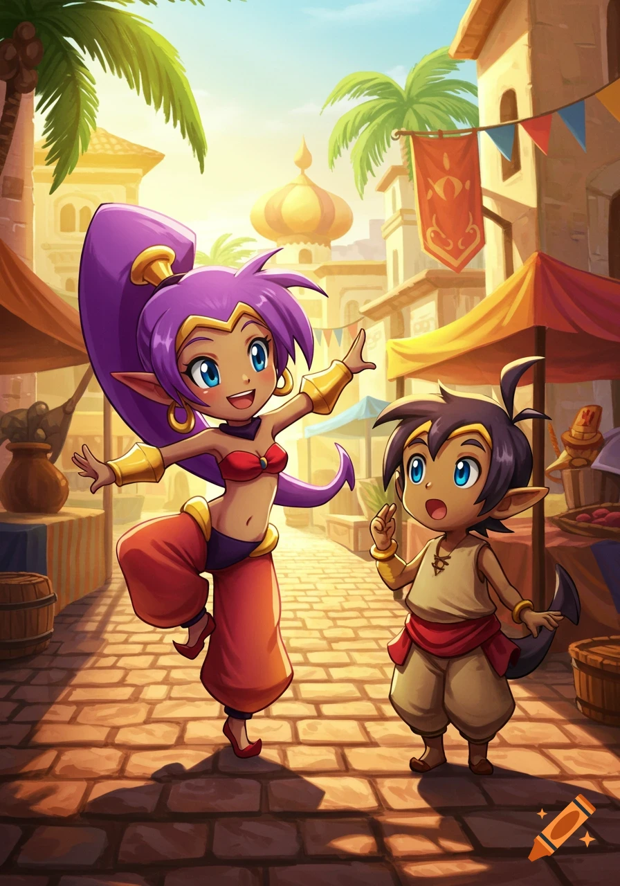 Cartoon characters Shantae and Bolo as children on a sunny market street. Shantae dances while Bolo watches.