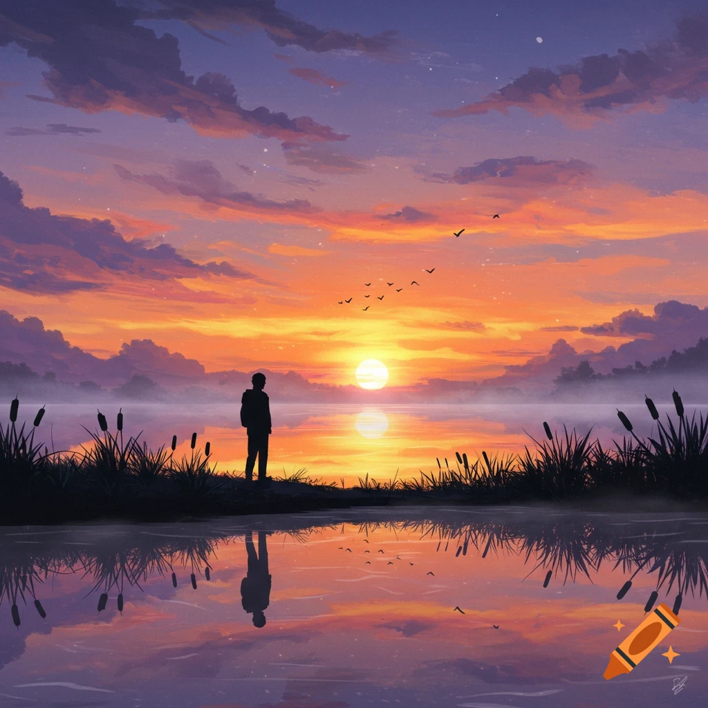 A lone silhouette stands by a lake, gazing at a vibrant orange and purple sunset reflected on the water, with tall grasses in the foreground, in an illustrated style.