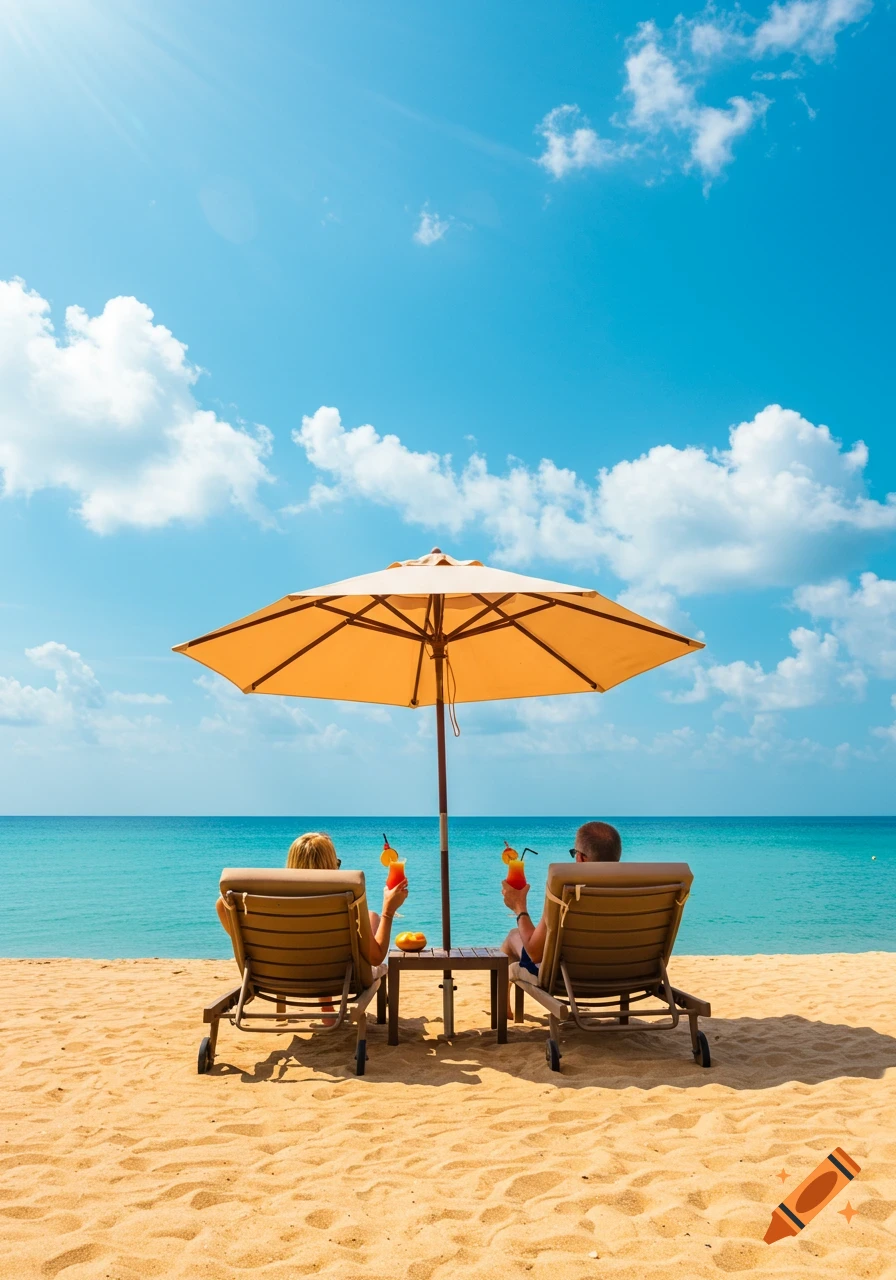 A couple relaxes on lounge chairs under a yellow umbrella on a sunny beach, holding cocktails, with blue ocean and sky in the background.