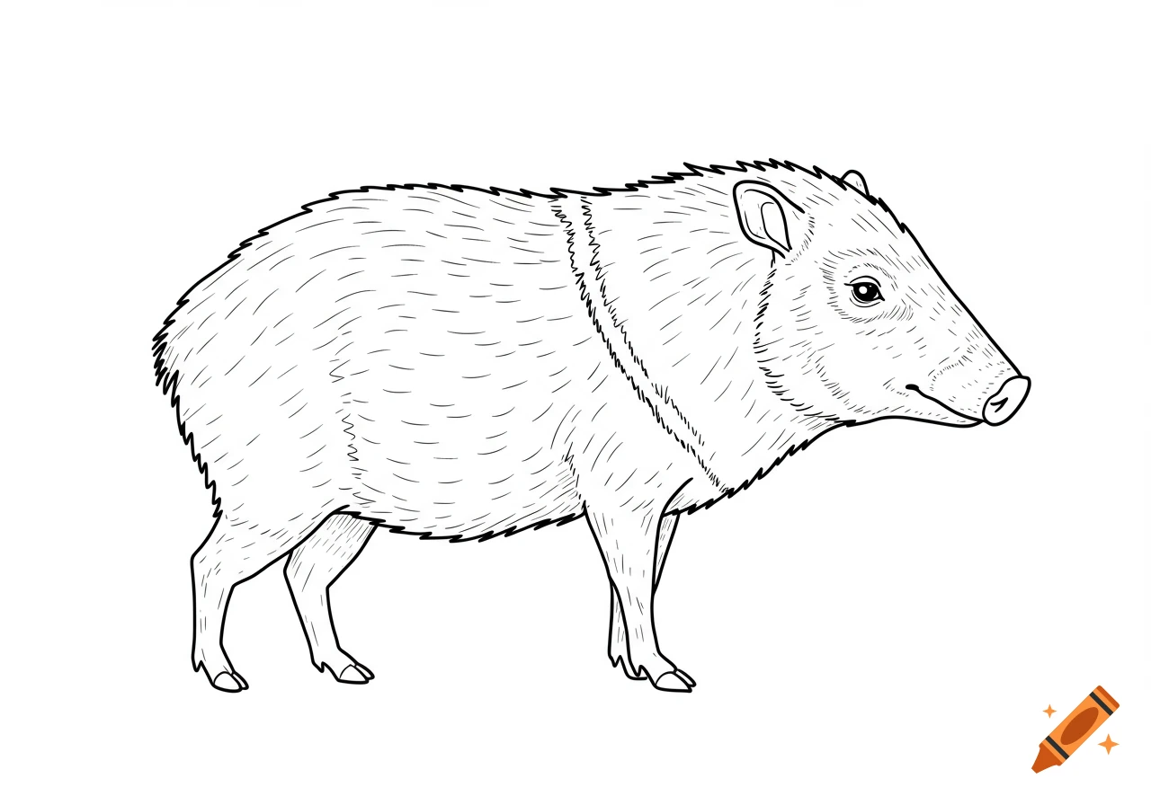 A simple black and white line drawing of a collared peccary standing.