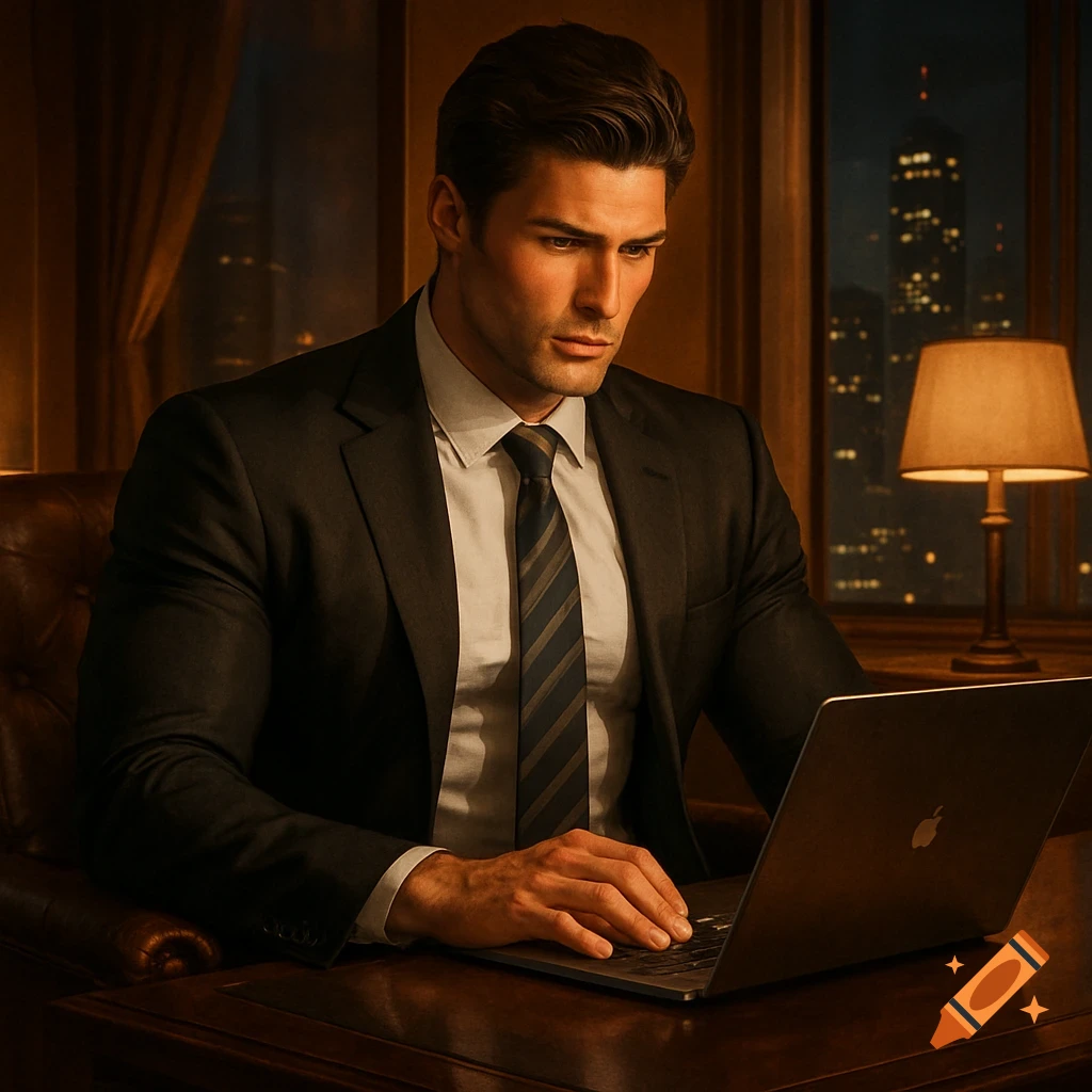 A handsome man in a suit works on a laptop in a luxurious, dimly lit office overlooking a city at night.