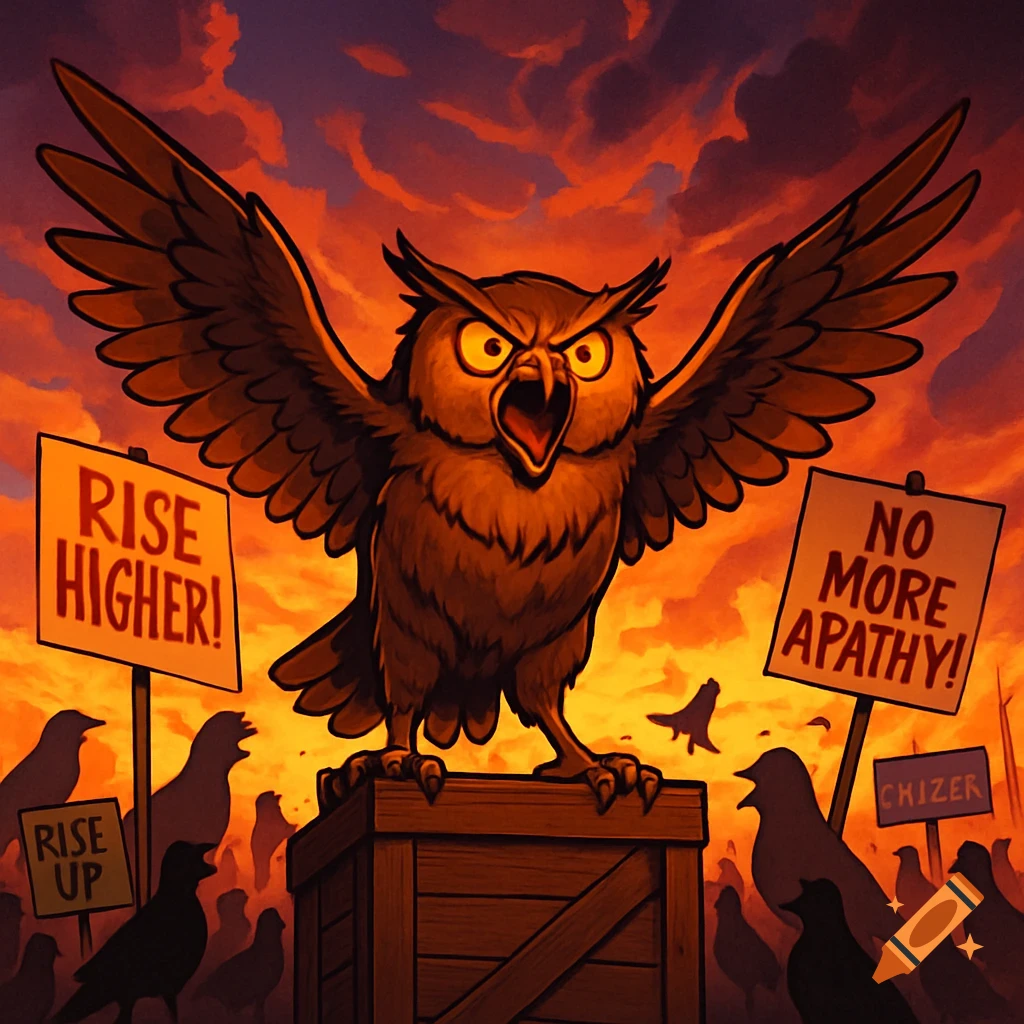 An angry, brown owl with spread wings stands on a wooden crate, leading a protest. Around it are protest signs like "Rise Higher!" and "No More Apathy!", with a crowd of silhouetted birds and a dramatic sunset sky in a digital art style.