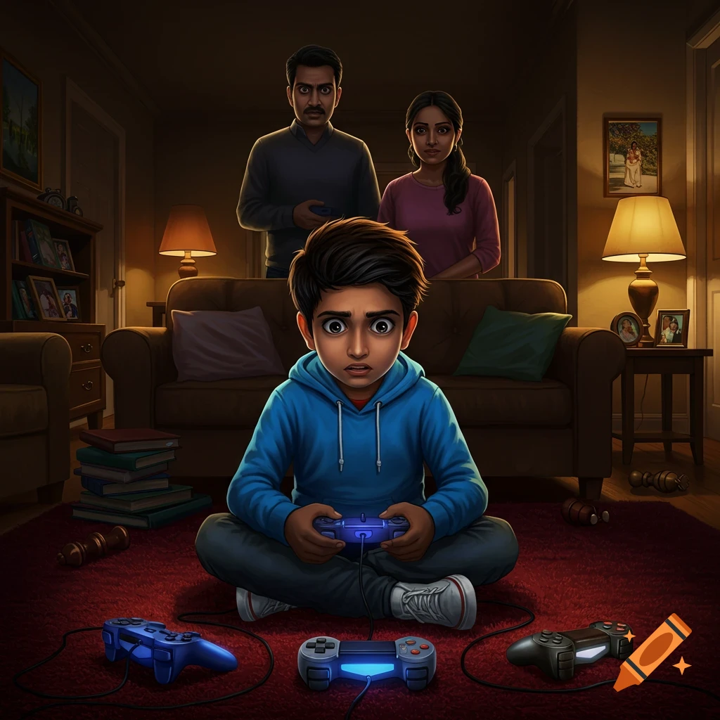 Stylized illustration of a boy playing video games, looking scared as his stern parents stand behind him in a dimly lit living room.