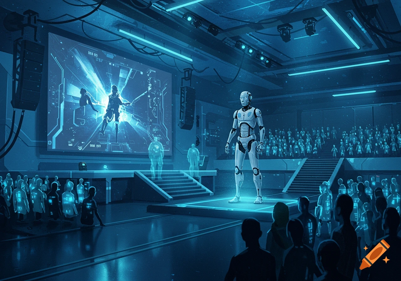 White robot on a stage in a futuristic, neon-lit auditorium presenting to an audience, with a large screen displaying a blue holographic interface.