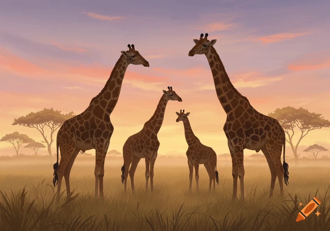 Four giraffes, two adults and two young, stand in a grassy savanna at sunset, with acacia trees in the misty background. Illustrated style.