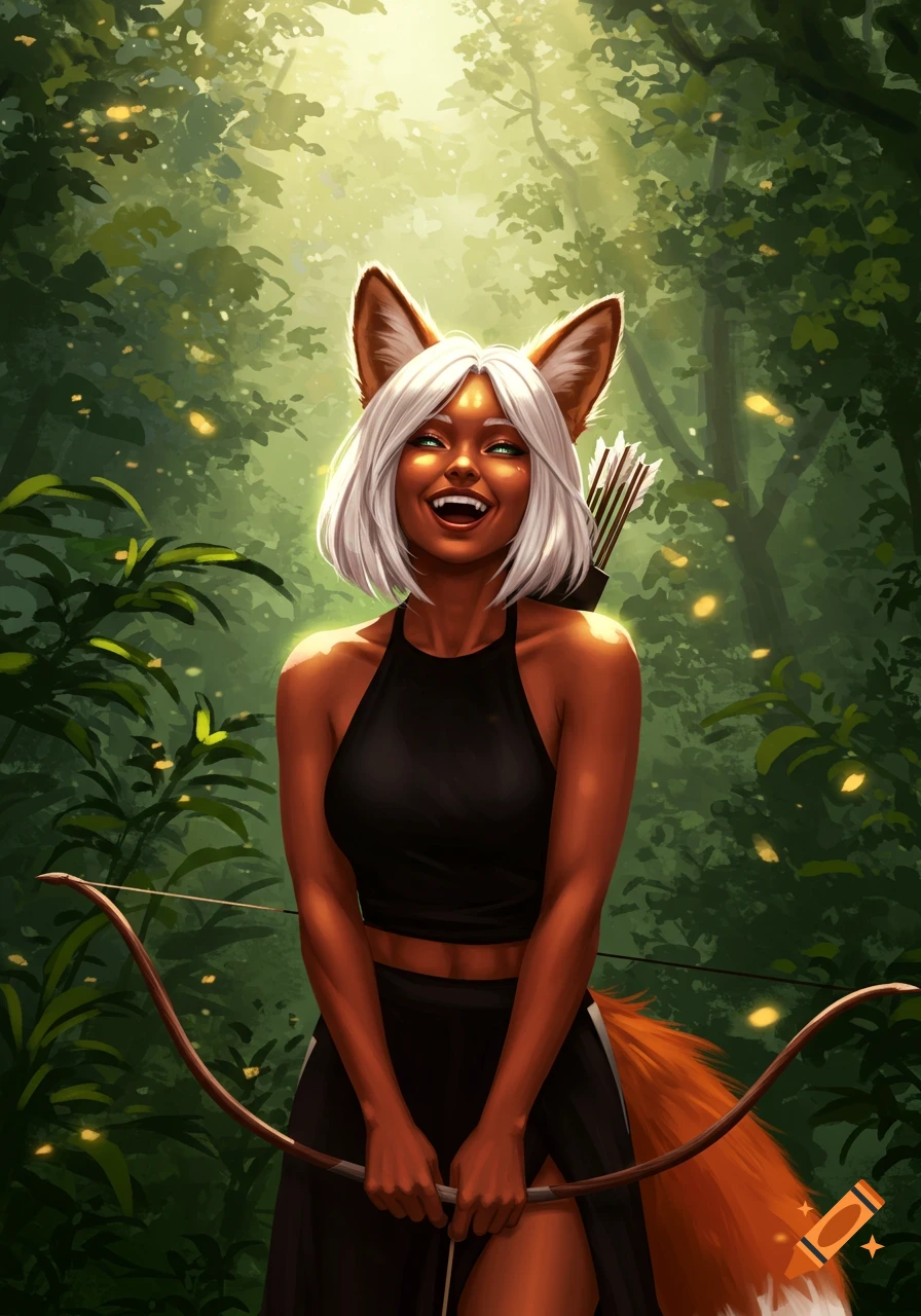 Laughing, dark-skinned, fox-eared woman with white hair, holding a bow in a sunlit forest, digital art.