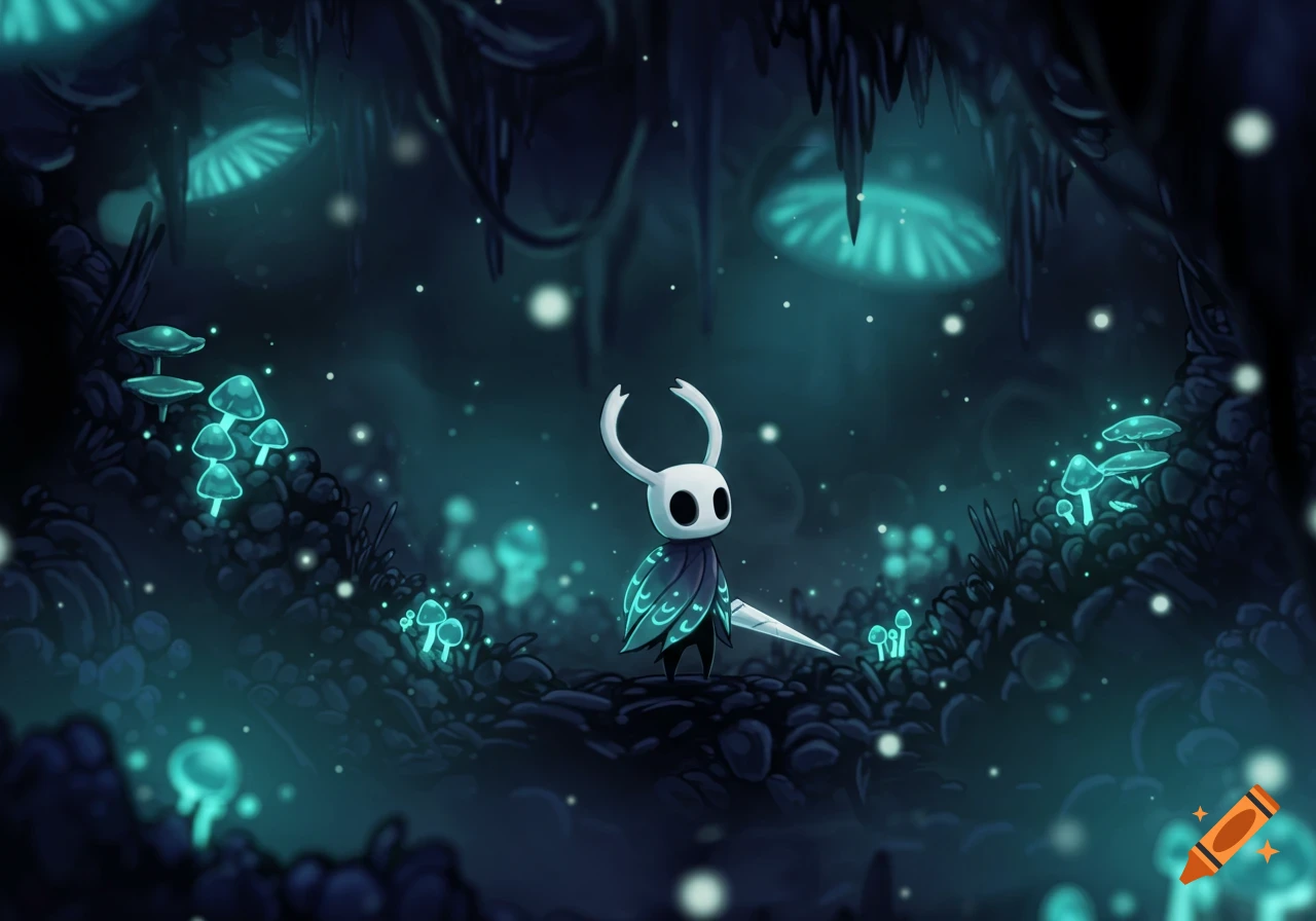 The Hollow Knight character stands in a dark cave filled with glowing teal mushrooms and floating light particles.