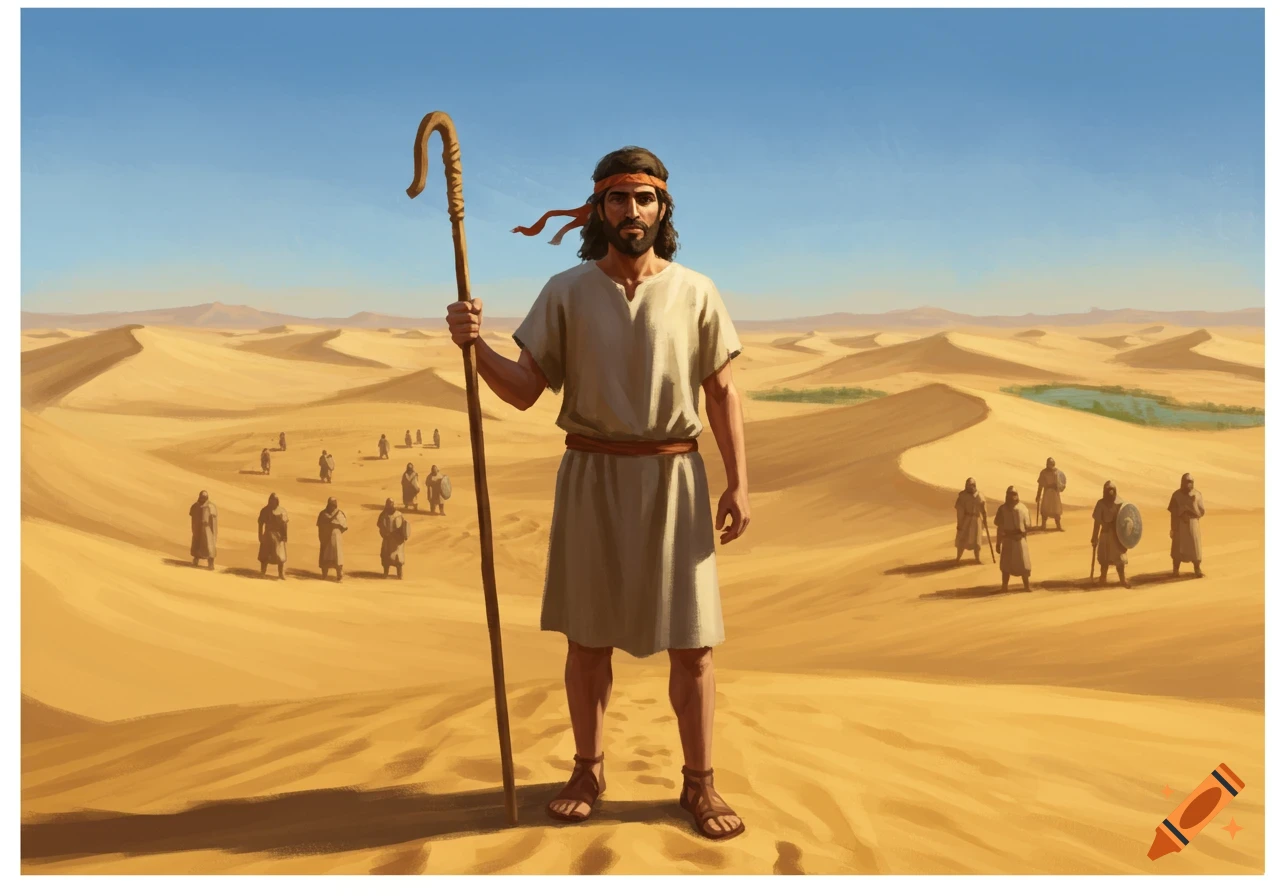 An ancient warrior or shepherd with a staff stands in a vast desert, with other figures and sand dunes under a clear blue sky.