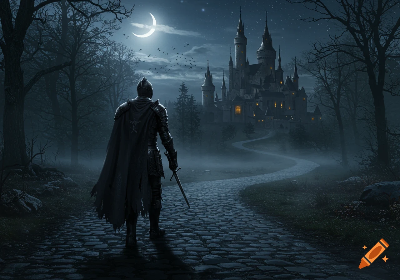 A knight in dark armor walks on a cobblestone path toward a majestic castle under a crescent moon at night, through a foggy forest.