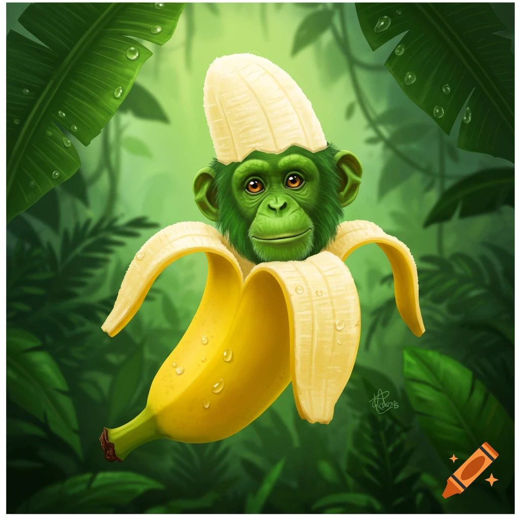 A cartoon green chimpanzee head smiles while emerging from a peeled yellow banana in a lush jungle.