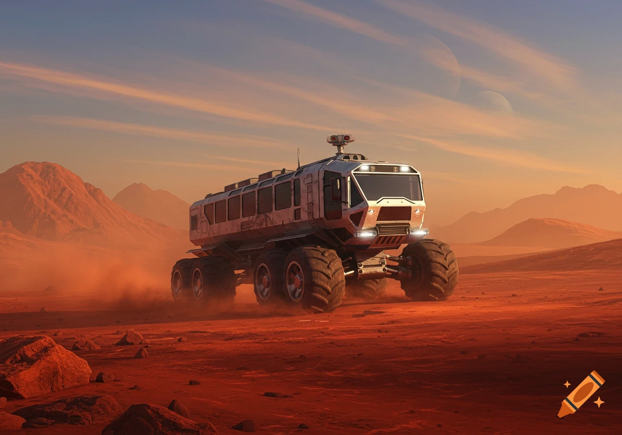 A large, futuristic, white multi-wheeled rover drives across a dusty red Martian landscape under an orange and blue sky with two moons.
