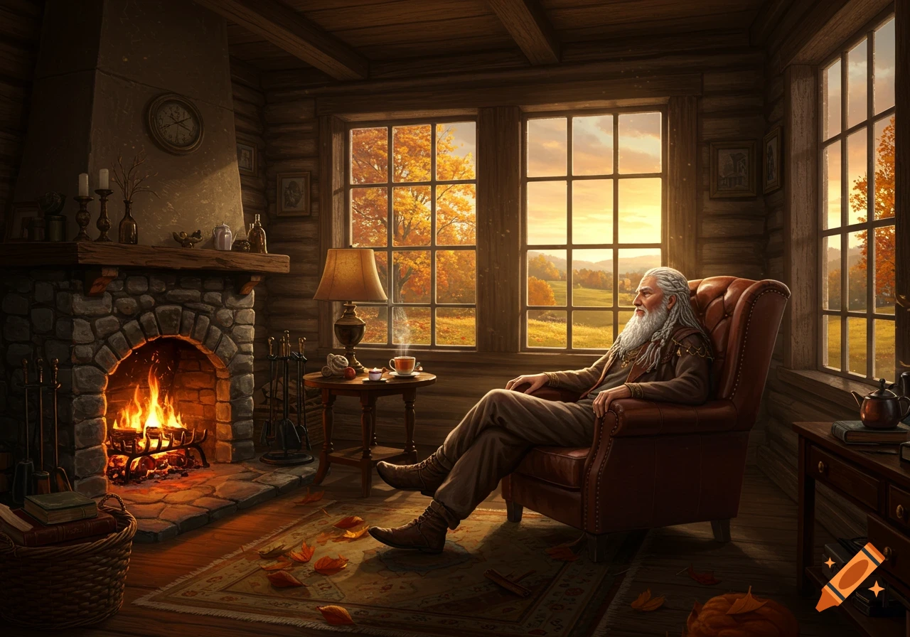 An old man with a white beard sits by a fireplace in a cozy cabin, looking out at a golden autumn sunset, digital painting.