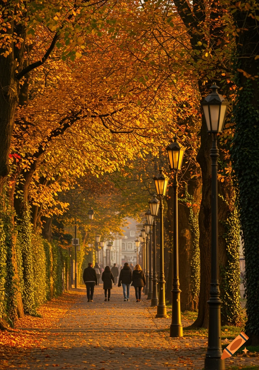 Four people walk on a cobblestone path lined with trees and street lamps, under a canopy of vibrant golden autumn leaves.