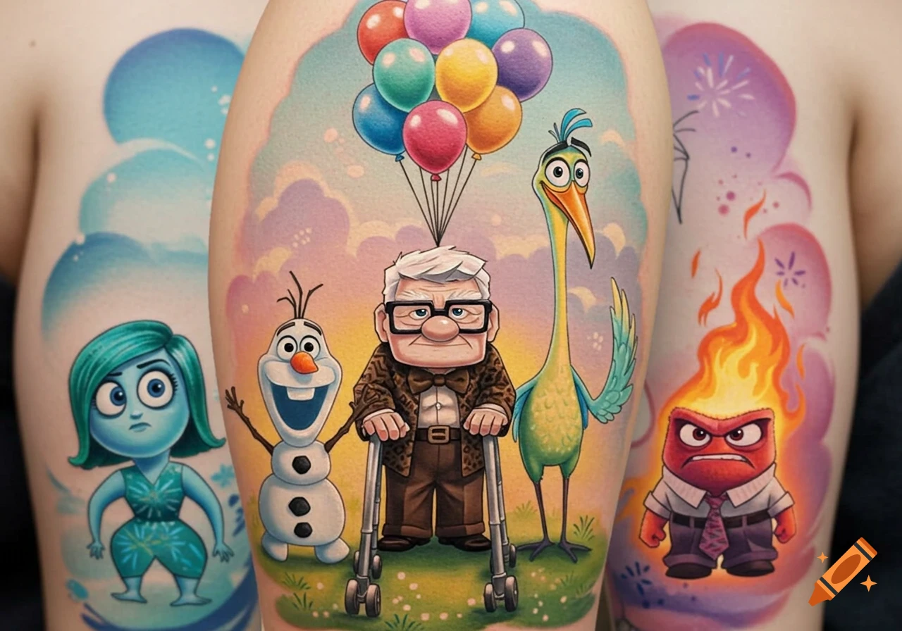 Colorful Disney-style tattoos of Mr. Fredricksen, Olaf, Kevin, and Anger on a person's arm.