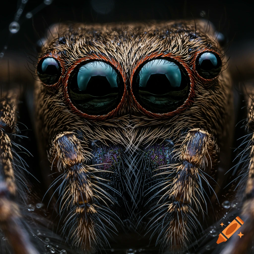Photorealistic extreme close-up of a spider's face, showing its large, reflective eyes and hairy brown body.