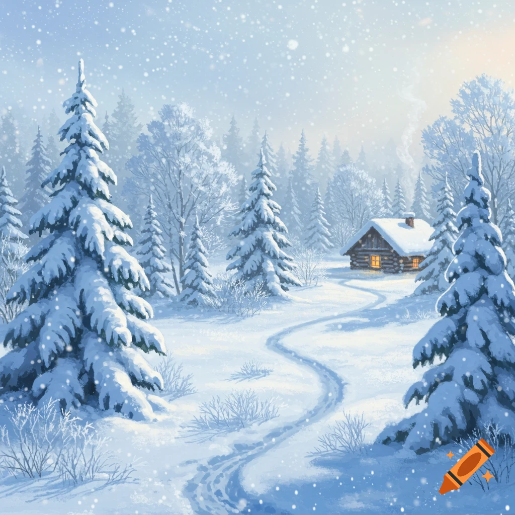 A cozy cabin nestled in a snowy winter forest with a winding path and falling snow, painted in a stylized manner.