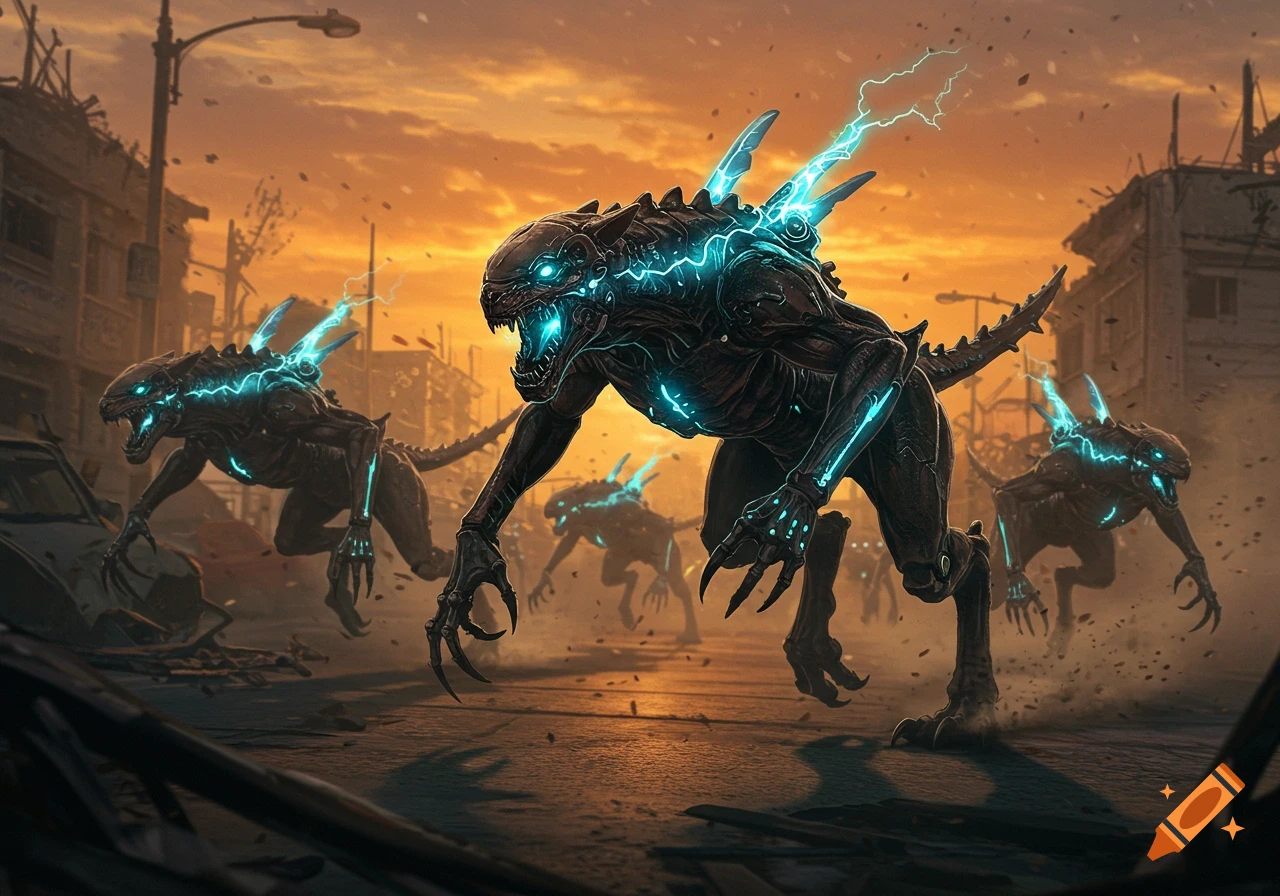 Dark, reptilian-like creatures with glowing blue electrical accents and sharp claws run through a destroyed city street at sunset.