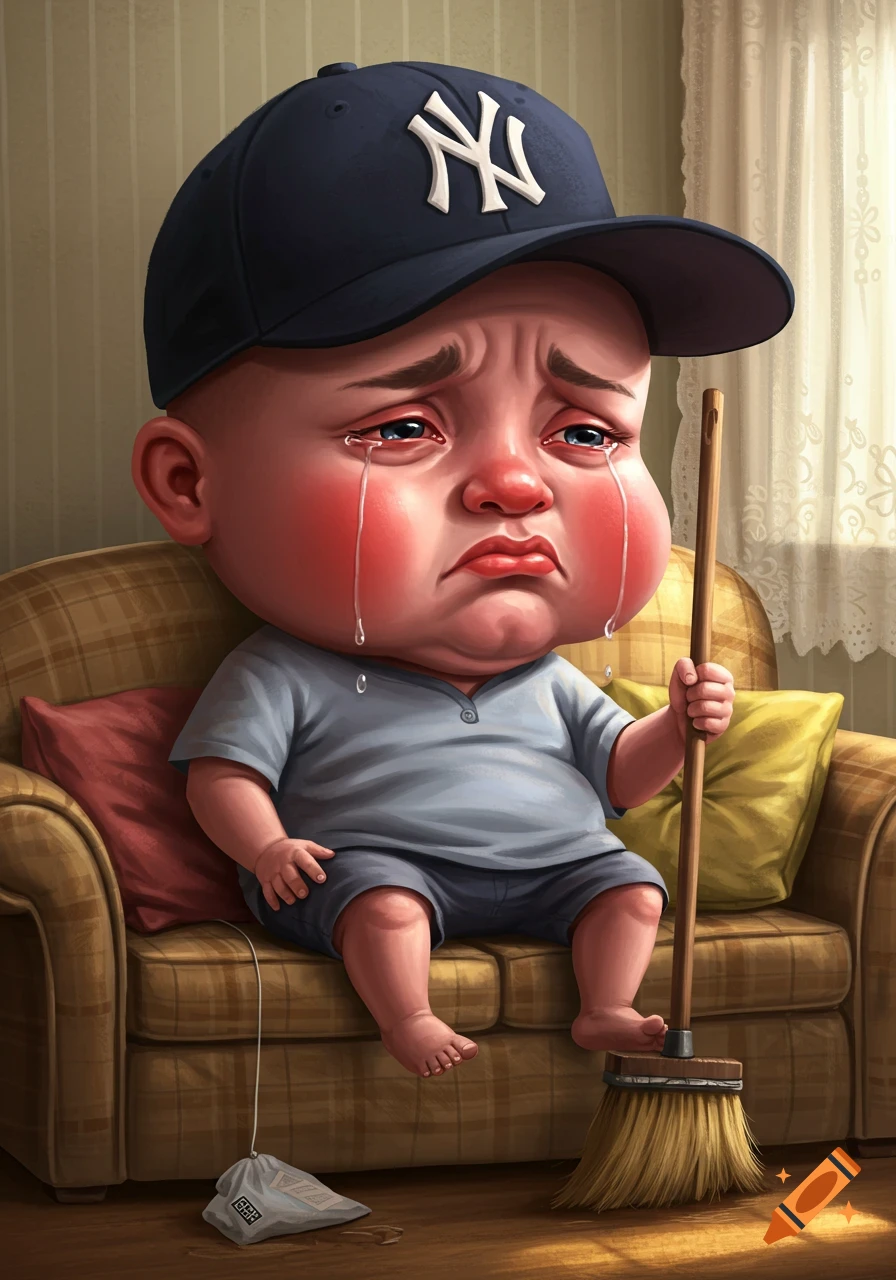 A cartoonish crying baby man wearing a dark blue New York Yankees baseball cap, light blue shirt, and shorts, sits on a brown couch holding a broom.