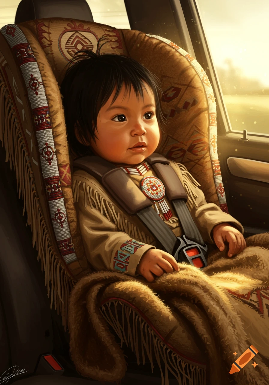 Digital illustration of a Native American toddler in a decorated car seat, looking out the window.
