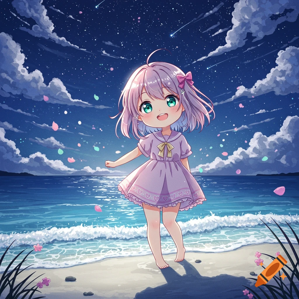 A smiling cute cartoon girl with pink hair and big green eyes stands barefoot on a sandy beach at night. The ocean waves gently reach the shore under a starry sky with glowing clouds and falling colorful petals.