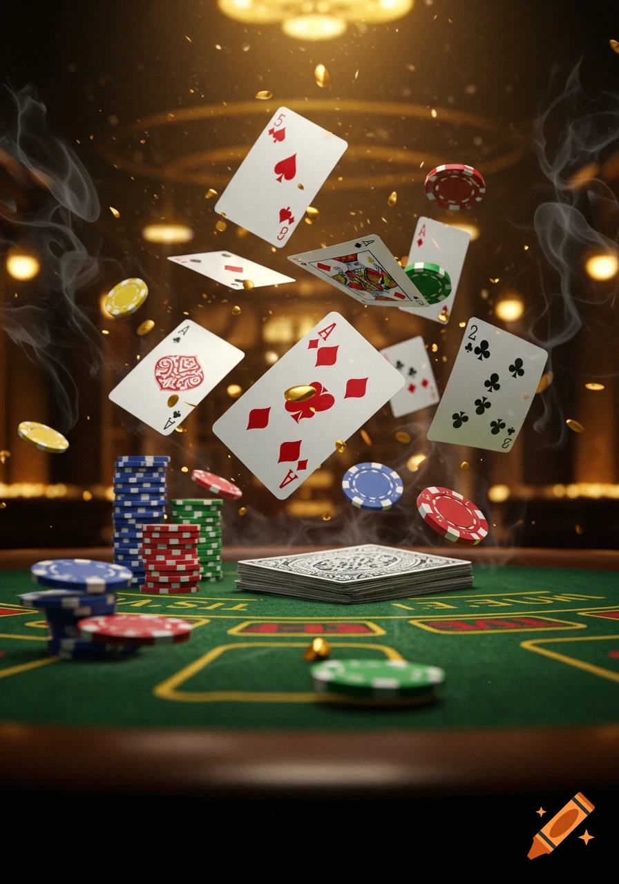 Playing cards, poker chips, and gold coins fall dynamically over a green casino table with stacked chips. Photorealistic.