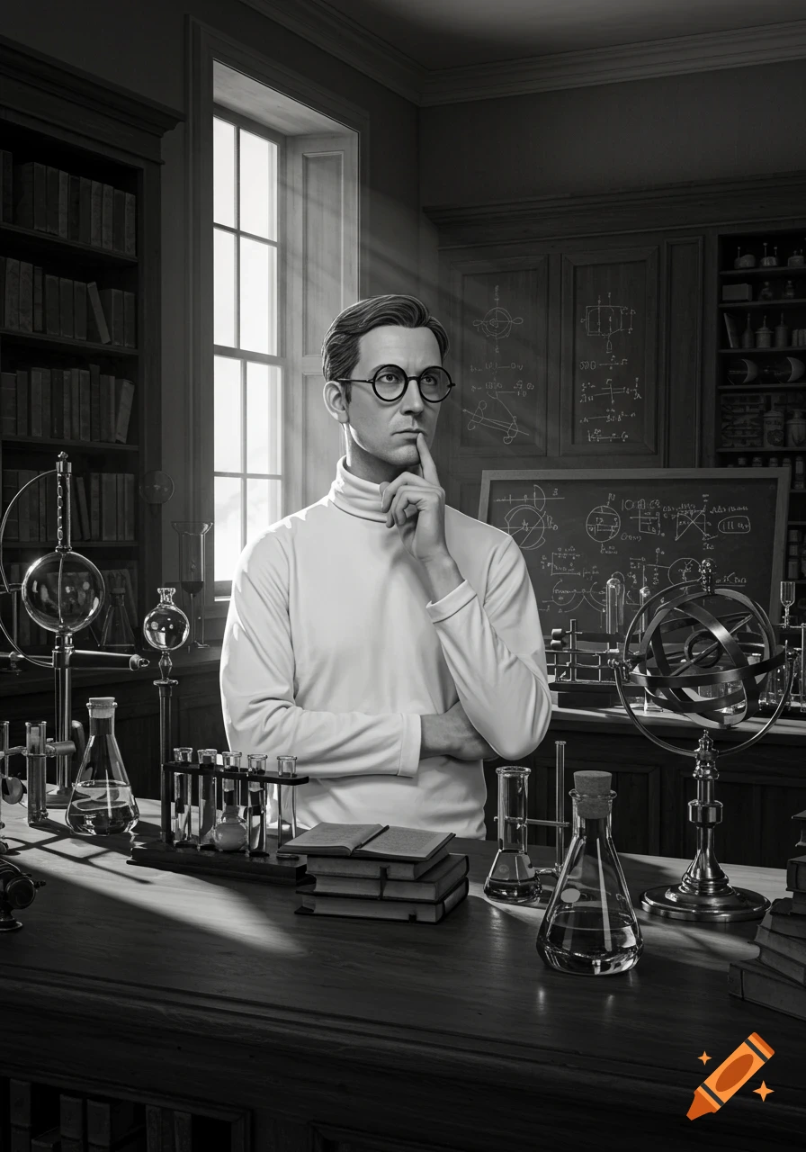 A black and white portrait of a thoughtful scientist in a lab, surrounded by equipment and a blackboard with formulas.