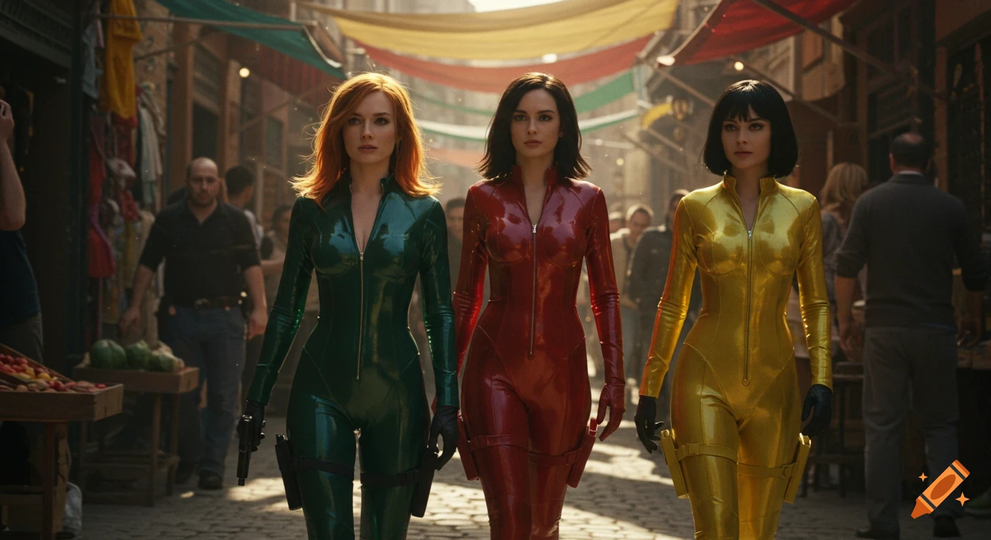 Three female spies in glossy green, red, and yellow catsuits walk through a crowded marketplace. Photorealistic style.