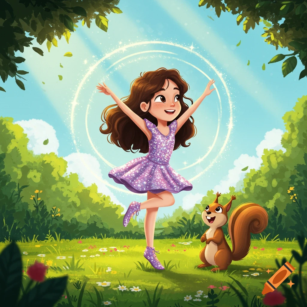 A joyful cartoon girl in a sparkly purple dress with arms raised, surrounded by shimmering rings, poses in a sunny park next to a smiling squirrel.