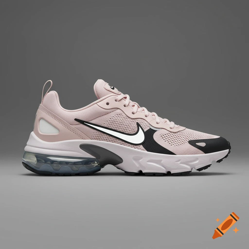 A photorealistic pink, black, and white Nike sneaker with a prominent white swoosh, mesh upper, and a visible air cushion in the sole.