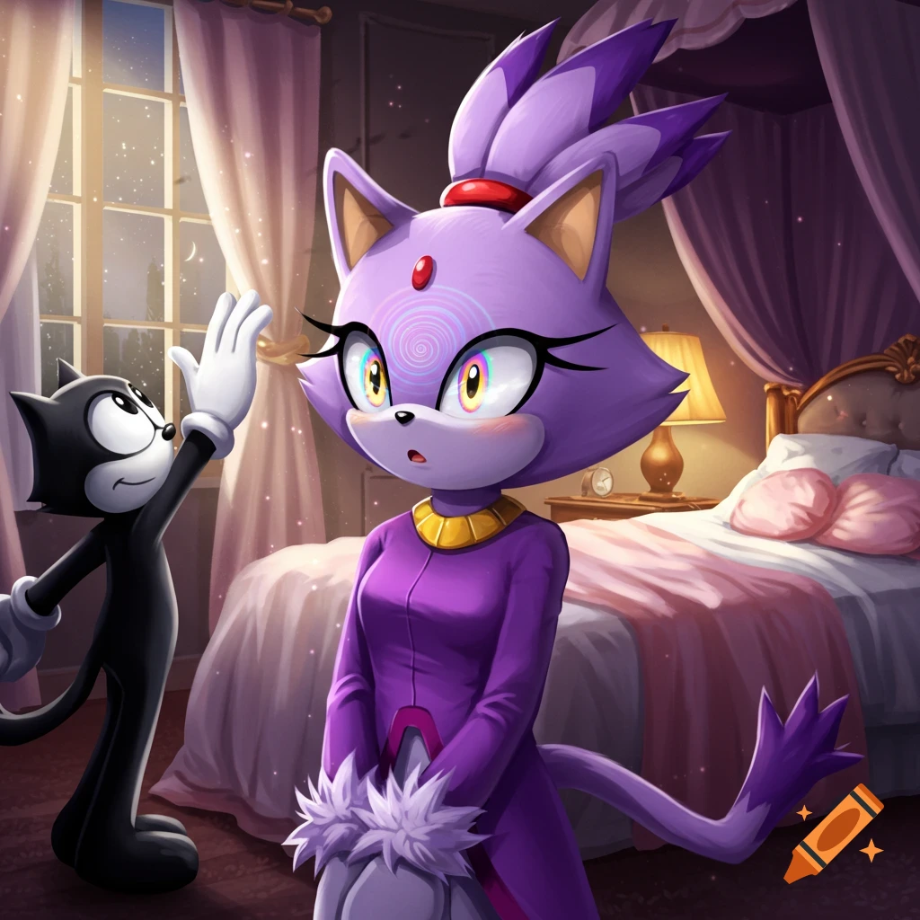 Felix the Cat waves at a blushing Blaze the Cat with spiral eyes, in a purple-themed bedroom at night.