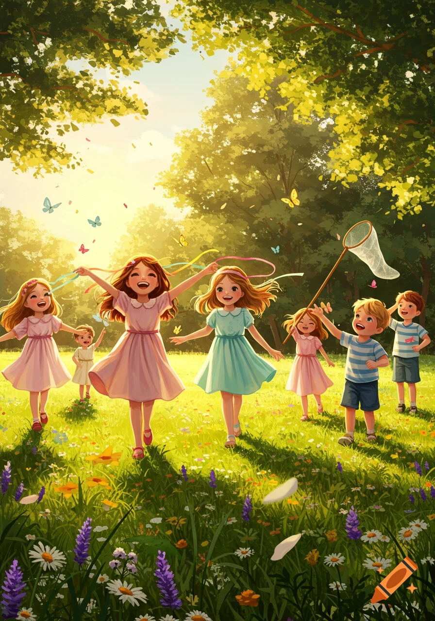 A group of happy children playing in a sunny, flower-filled meadow with butterflies and large green trees in an illustrative style.