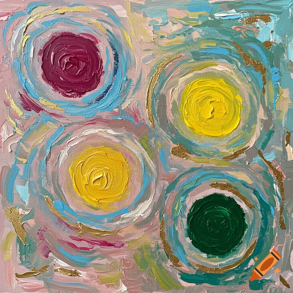 Abstract acrylic painting featuring four textured, colorful circles with gold accents on a light background.