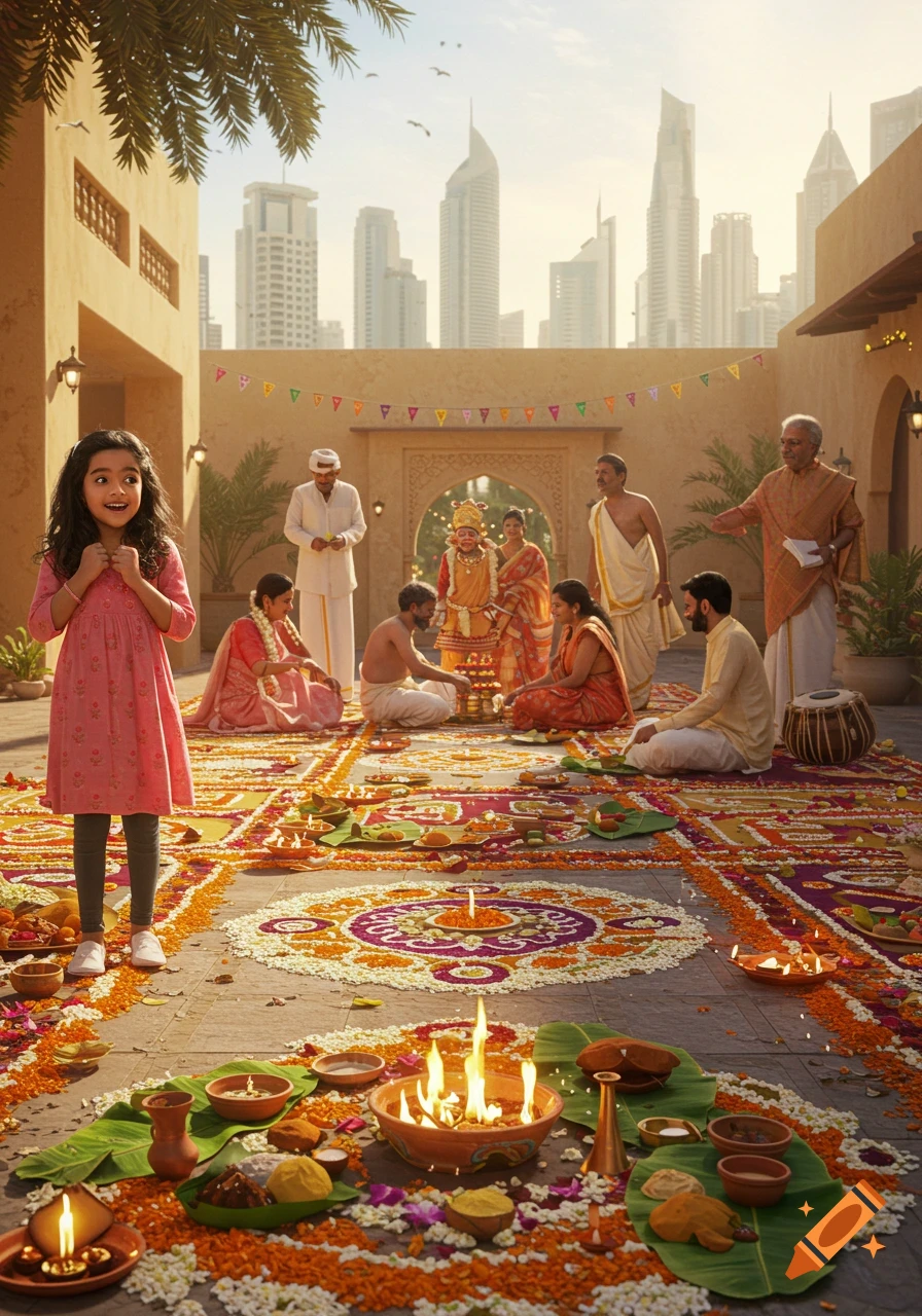 Young girl observes an Indian family celebrating Onam festival with flower carpets and offerings in a courtyard, Dubai skyline in background.