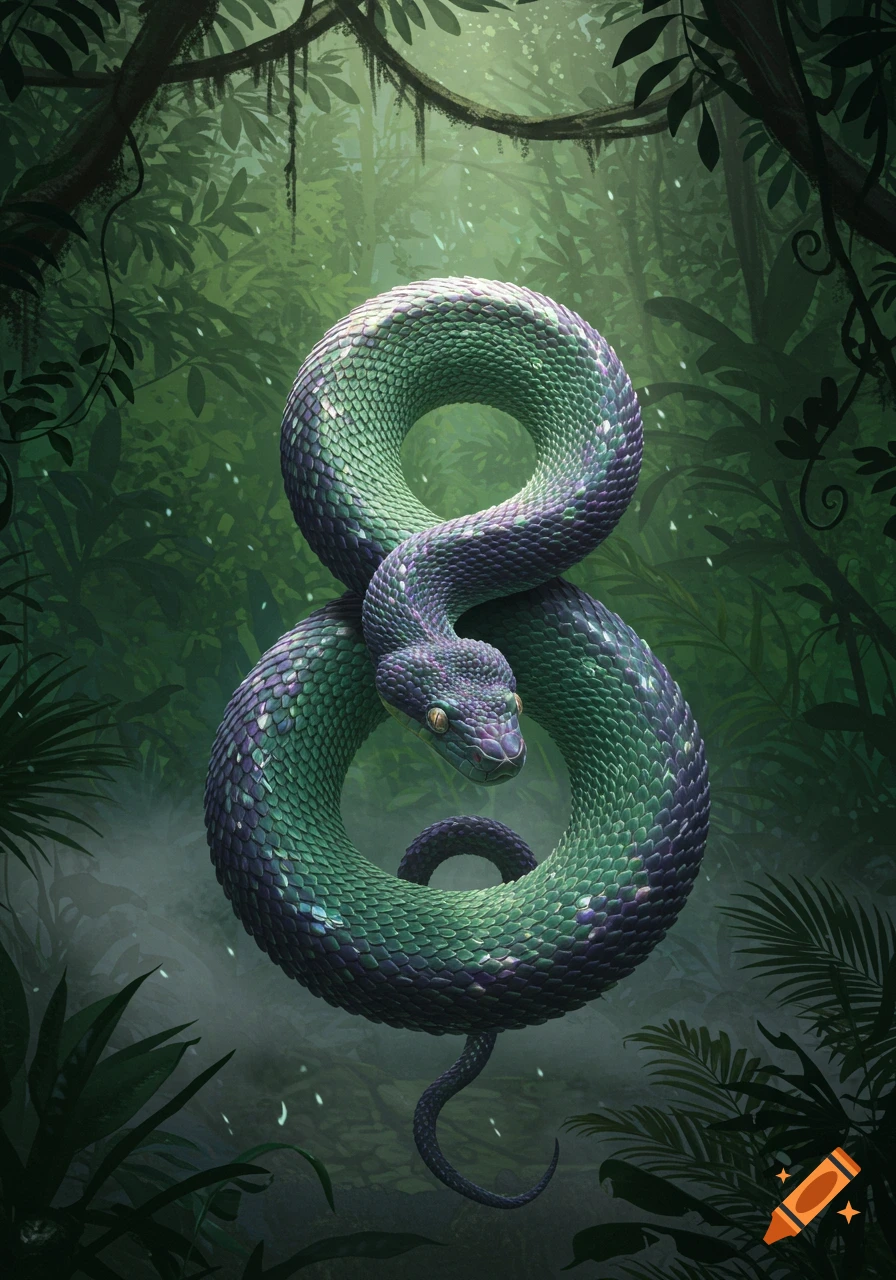 A vibrant green and purple snake coiled into an '8' shape in a misty, dark jungle environment, digital art.
