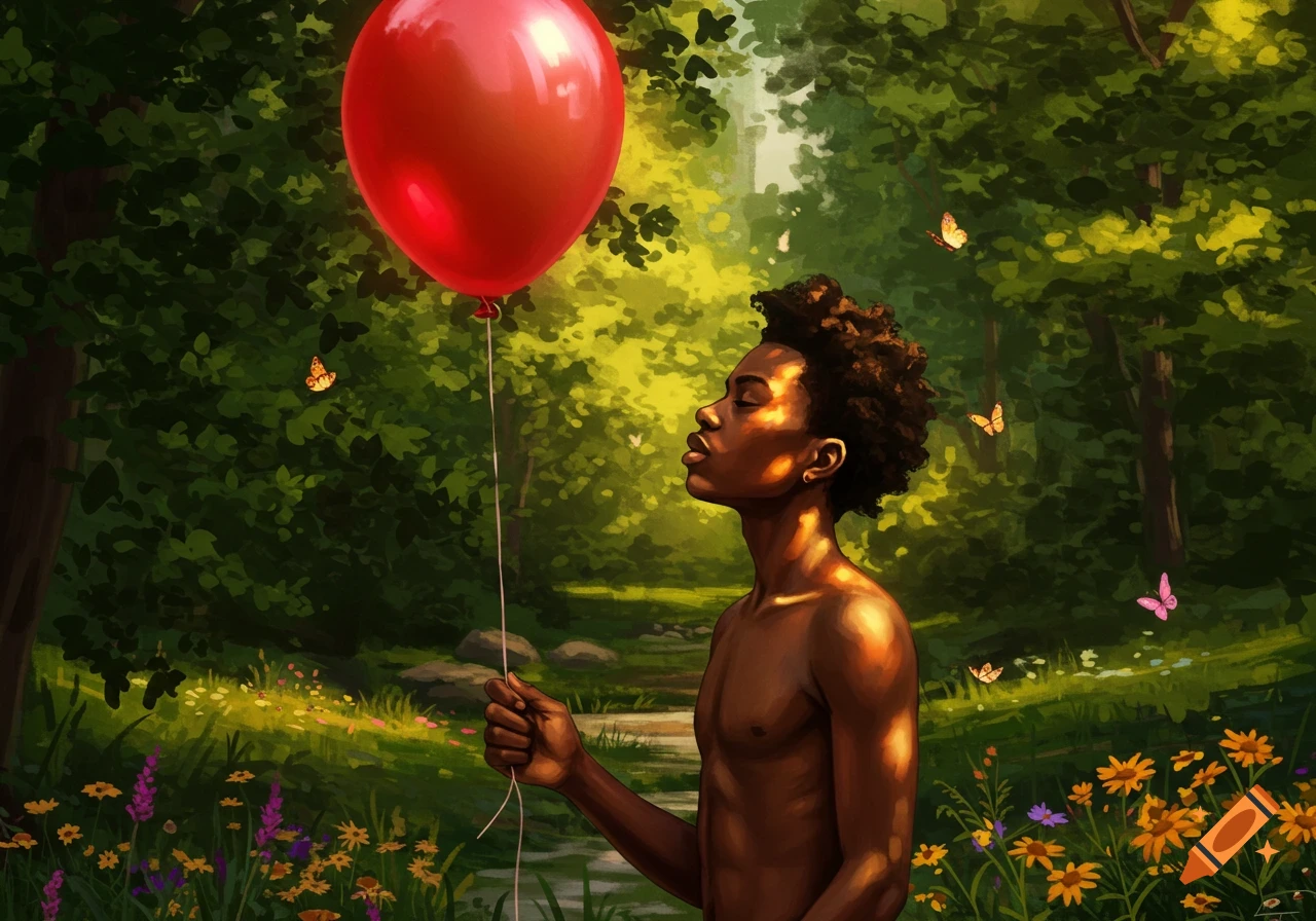 Dark-skinned person with curly hair holding a red balloon in a vibrant, painterly forest with butterflies.