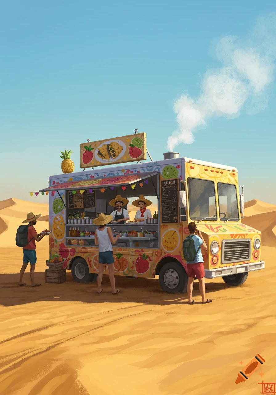 An illustrative scene of a colorful food truck serving customers in a vast, sunny desert with sand dunes.