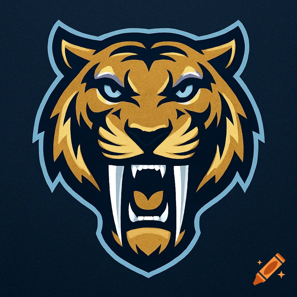 A stylized saber-tooth tiger head logo in metallic gold, midnight navy, and ice blue colors.