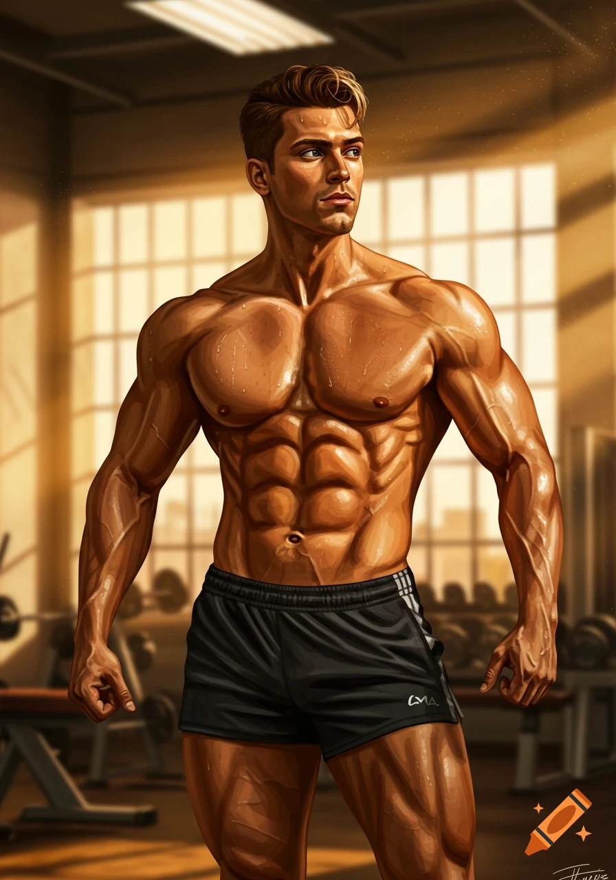 Muscular man with sweat-covered skin, wearing black shorts, stands in a gym, looking right in an illustrative style.