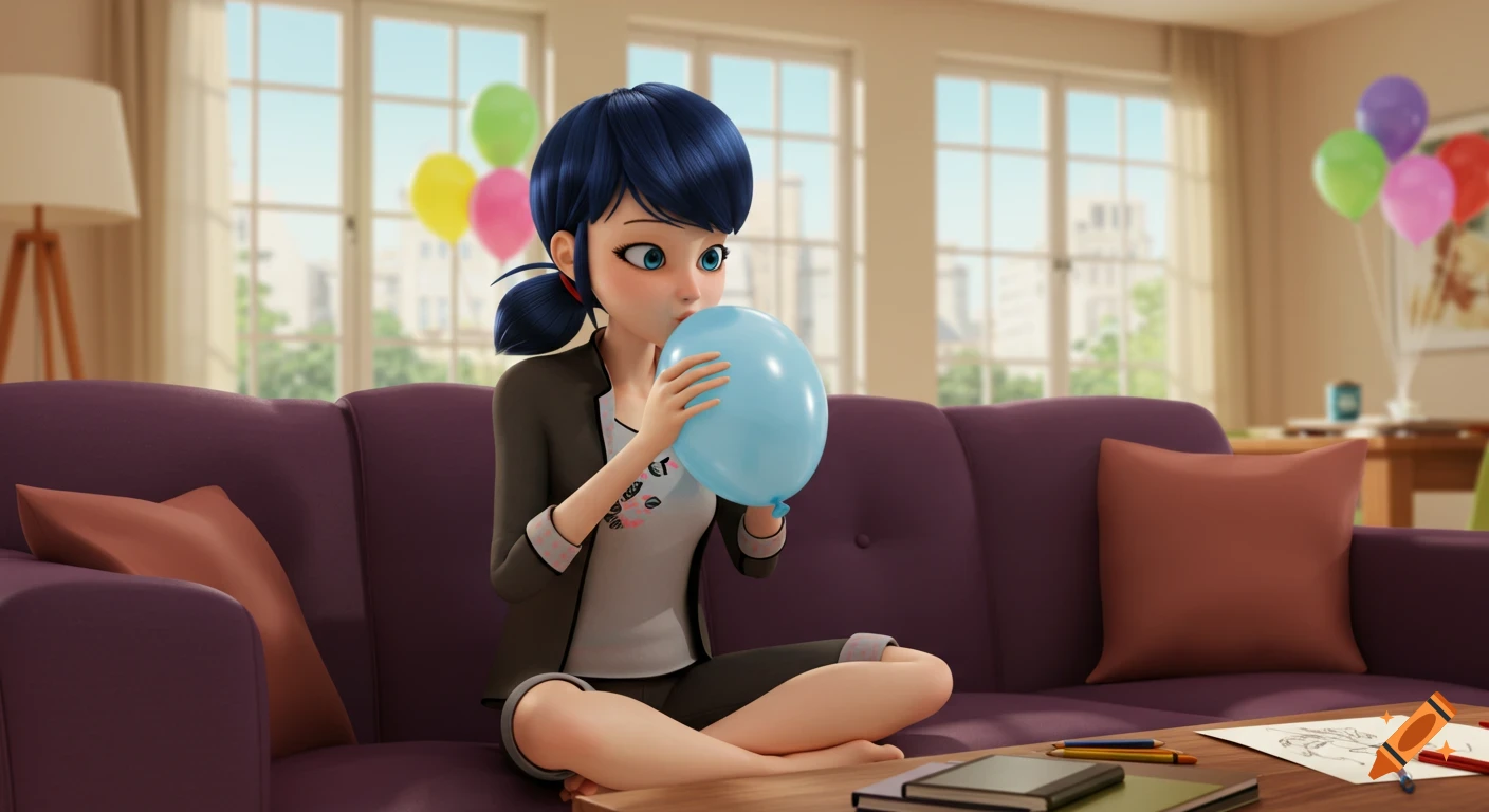 Marinette Dupain-Cheng sits on a purple couch, blowing a light blue balloon, with colorful party balloons in the background, in a 3D animated style.