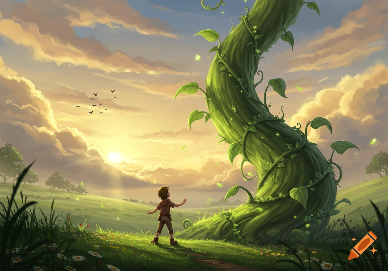 A young boy stands in a grassy field, looking up at a giant beanstalk reaching into a sunset sky, in an illustration.