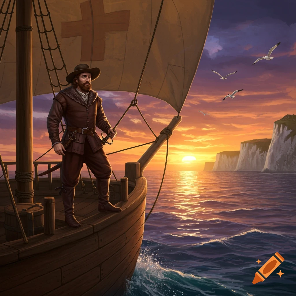 An illustrated man, likely an explorer, stands on a sailing ship at sunset, with white cliffs in the distance.