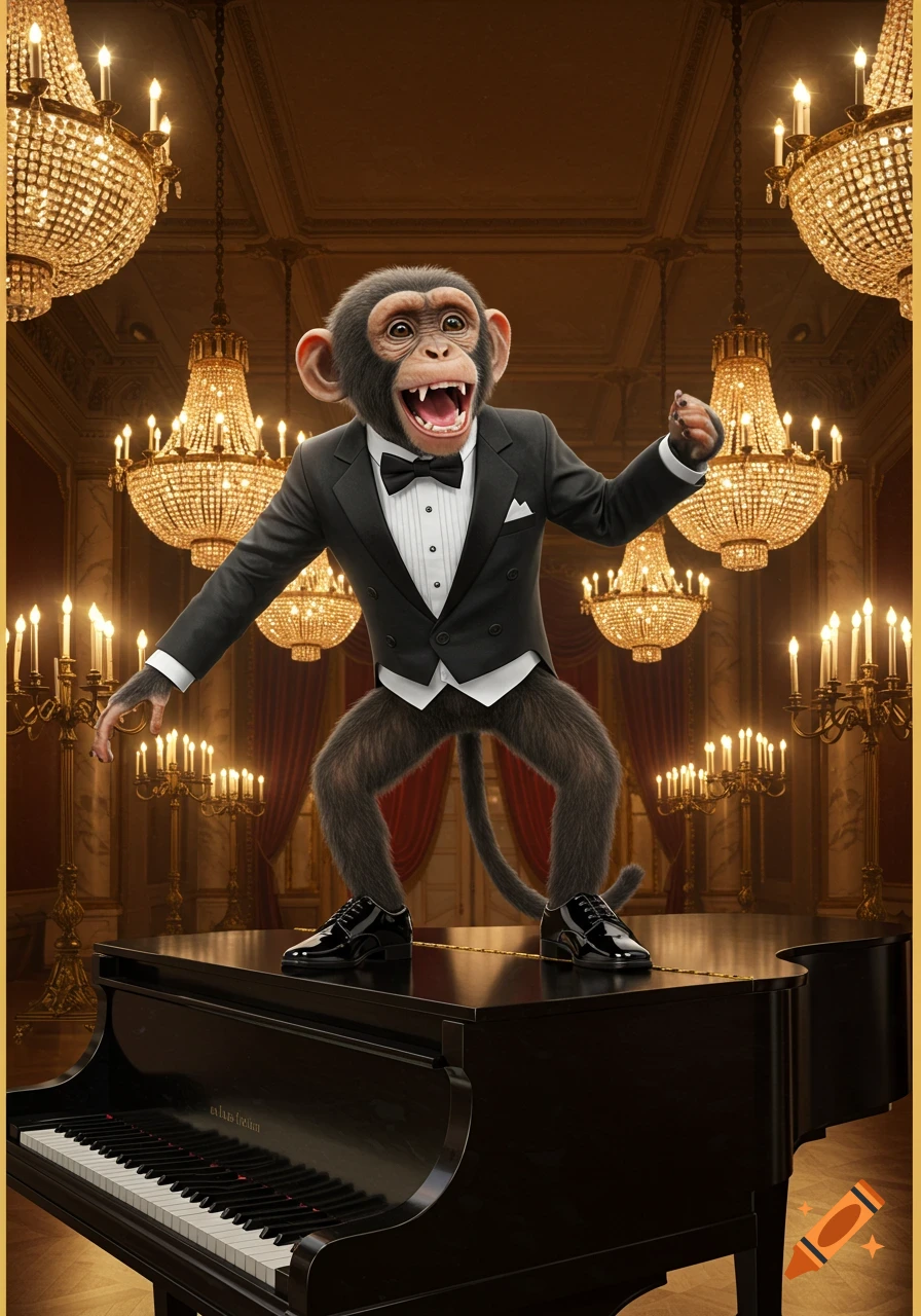 A chimpanzee in a tuxedo stands on a grand piano, mouth open, in a lavish ballroom filled with ornate chandeliers.