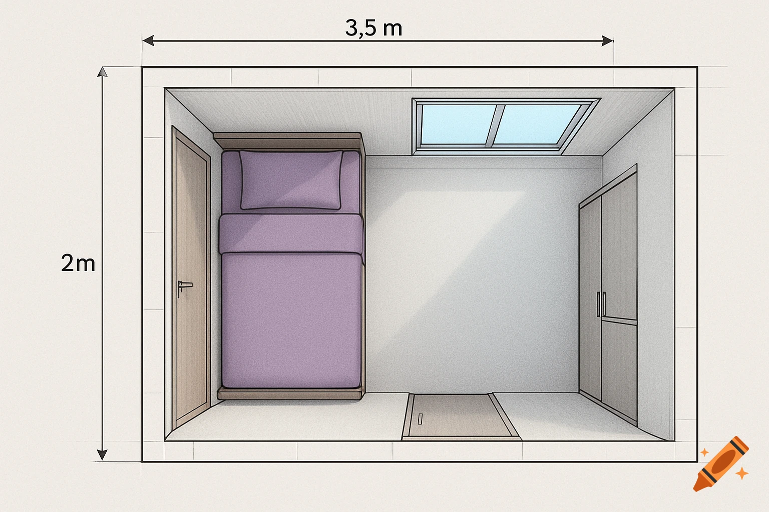 Overhead blueprint diagram of a bedroom floor plan, 3.5m by 2m, with a bed, door, wardrobe, and skylight.